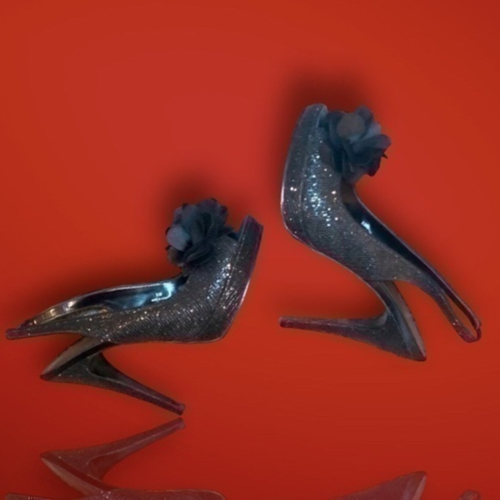 Black Glitter Heels Peep Toe Slingback Size 9.5